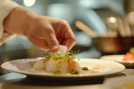 Woman preparing sashimi on plate in restaurant kitchen, closeupの素材