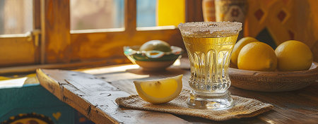 Tequila shot with lemons and mint in a glass.の素材
