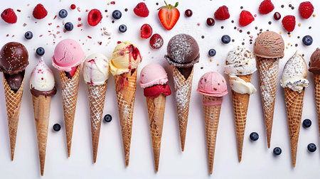 Ice cream cones with berries on white background, top view, flat layの素材