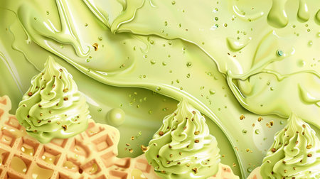 3d render of waffle and ice cream with splashes of green liquidの素材