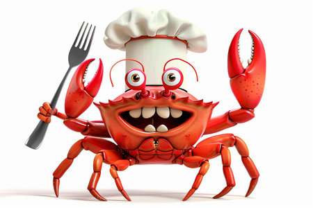 Cartoon crab with chef hat and fork and knife on white backgroundの素材