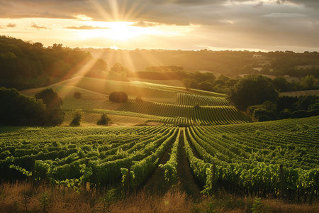 Sunset over vineyards in South Moravia, Czech Republic.の素材