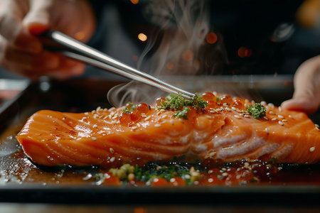 Salmon steak being grilled on black plate with chopsticks, closeupの素材