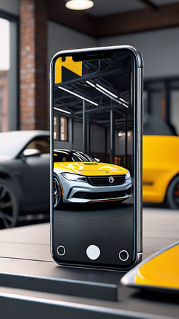 Smartphone with yellow and black electric car on the screen. 3d renderingの素材