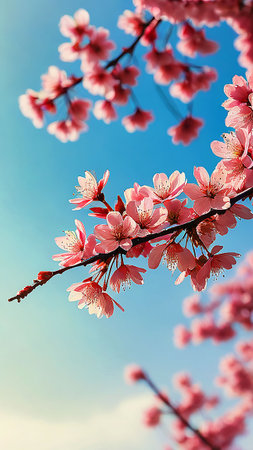 cherry blossom sakura flower on blue sky background with copy spaceの素材