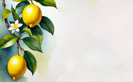 Lemon tree branch with lemon fruits and flowers on a white backgroundの素材
