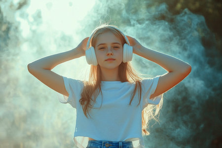 Girl in headphones listening to music. Girl with long hair in white t-shirt and jeans.の素材