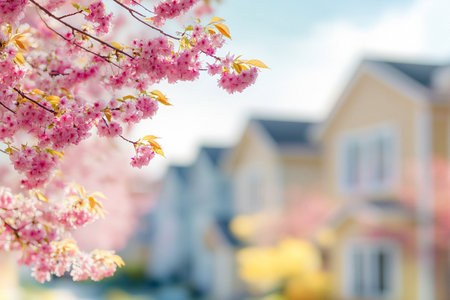 Cherry blossoms in full bloom in front of a row of housesの素材