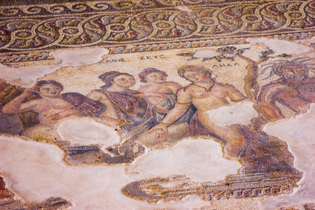 fragments of ancient Greek mosaic found during excavations of the ancient Greek city of Cyprus in Paphosの写真素材