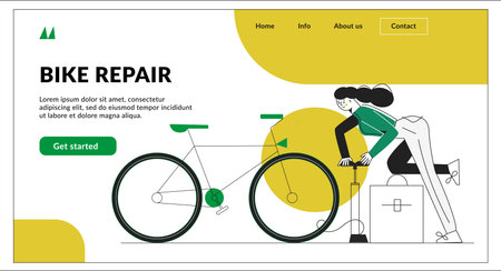 Bike repair landing page heading concept. Template for website. Bicycle mechanic in a workshop. Young woman repairing mountain bike. Modern flat vector illustration with character isolated on whiteのイラスト素材