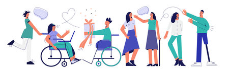 Handicapped people flat vector illustration. Set with disabled persons, group of happy youth with disability, portrait special person, handicap friends. Collection of character Isolated on whiteのイラスト素材