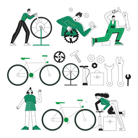 Set of bicycle repair service characters and tools. Bike mechanic modern flat vector illustrations. Instrument clipart. Bundle of people in a workshop in the repair process. Isolated on whiteのイラスト素材