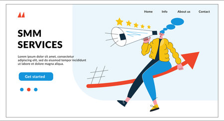 Social media marketing landing page heading concept. Template for website, poster, banner. Influencer, advertising and sales growth. Modern flat vector illustration with character isolated on whiteのイラスト素材