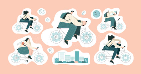 Bike to work. Set of sticker for planner and diaries flat vector illustration. Collection of badge template decorated with trendy characters. Scrapbook, calendar, typography, reminder, label packのイラスト素材
