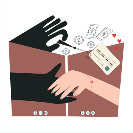 Online dating scam concept Internet predator and his in love trusting victim cyber bandit steal credit card flat vector illustrationのイラスト素材
