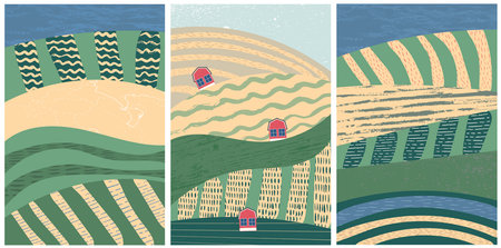 Set of abstract landscape vector background illustration. Countryside with colorful texture. Bundle of decorative eco cards. Nature, ecology, organic, environment banners, postcardのイラスト素材