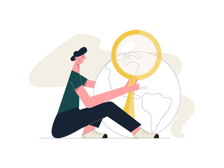 Research concept. Male character, the earth, magnifying glass. Flat vector illustration isolated on white backgroundのイラスト素材