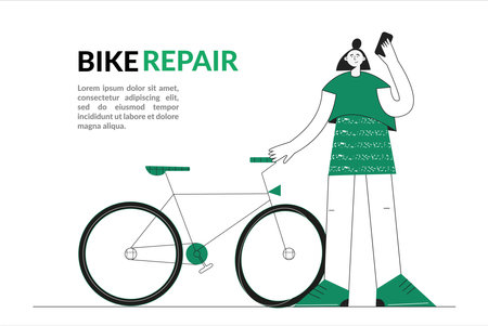 Bike repair service concept The girl calls the master to repair bicycles Broken wheel Flat vector illustration with characterのイラスト素材