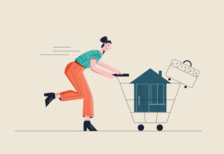 Buying a house or apartment mortgage concept Woman running with house and suitcase in a supermarket trolley Flat vector illustratrationのイラスト素材