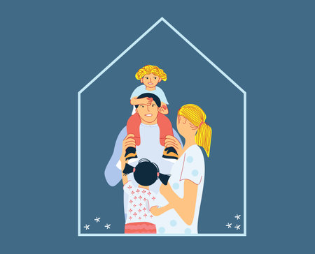 Happy family - father with son, daughter and pregnant mother. Cute large family, three children. Happy international fathers day concept.のイラスト素材