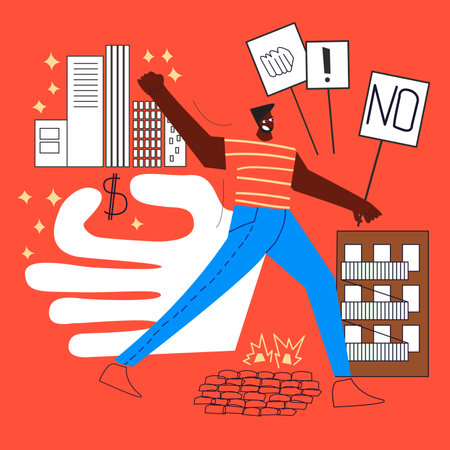 Man is marching to protest against gentrification. Demonstration, revolution, raised arm fist holding banner with protest caption. Black arm silhouette on red background.のイラスト素材