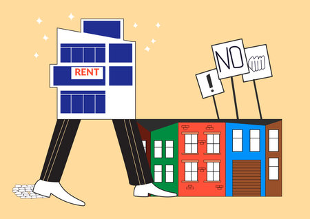 Residents protest against gentrification. Changing neighborhood. Apartment, condo for rent. Contrast between new modern buildings and old house. Before and after renovation.のイラスト素材