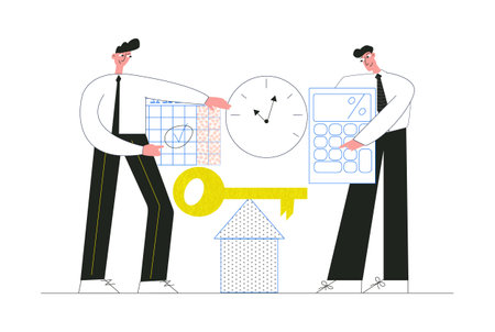 Mortgage bank credit. House loan or money investment to real estate. Finance management. Man calculates home mortgage rate. Flat vector illustration with characterのイラスト素材