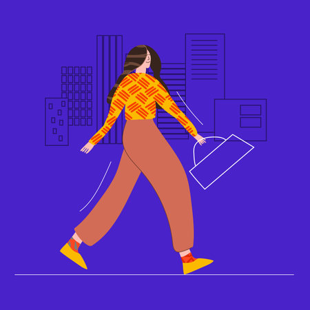 Girl walks and holds a bag. Young woman in street fashion clothes. Minimalistic cityscape. Urban cartoon character in trendy style. Flat and line vector illustrationのイラスト素材