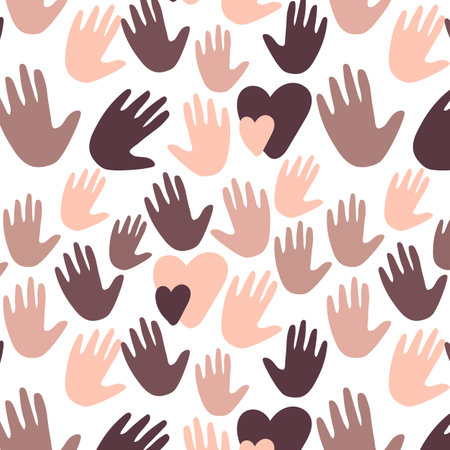 Seamless pattern with black and white hands and hearts together. Equalty concept. Hand drawn vector Illustration isolated on white backgroundのイラスト素材