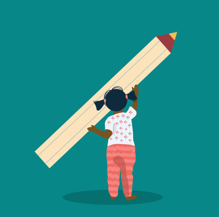 Back to school concept. Cute african american girl with big pencil drawing on the wall, paper. Child painting with pencil. Funny cartoon character. Flat vector illustration isolated on background.のイラスト素材