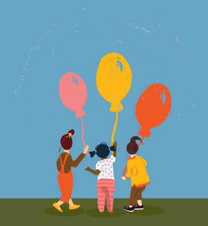 Happiness group of cute and adorable children with air balloons. Diverse nation girls playing together. Toddlers of different races having party. Flat vector illustration in cartoon styleのイラスト素材