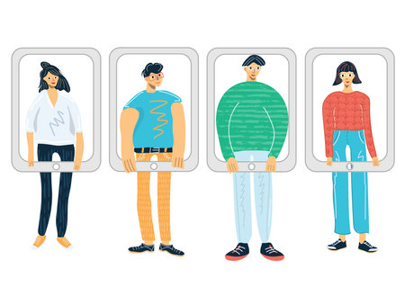 Social network concept of young people using mobile gadgets such as smarthone, tablet to be a part of online community. Flat guys and women illustration isolated on white backgroundのイラスト素材