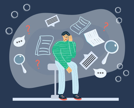 Graduation, e-learning research, university exam, college research, online courses concept. Young male student studying course or seminar. Flat vector illustration in cartoon styleのイラスト素材