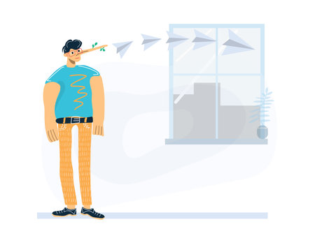 Man with a long nose, Pinocchio, is sending fake news in the window. Myths facts. Vector cartoon illustration on white backgroundのイラスト素材