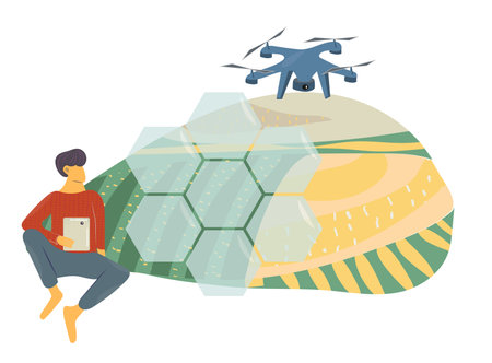 Smart farming, modern and high tech farmer and agriculture concept, iot green. Man uses tablet and control monitoring droneのイラスト素材