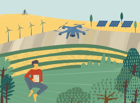 Smart farming, modern and high tech farmer and agriculture concept, iot green. Man uses tablet to control monitoring droneのイラスト素材