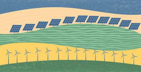 Landscape with solar panels and windmills. Nature, ecology, organic, environment banners. Save the...