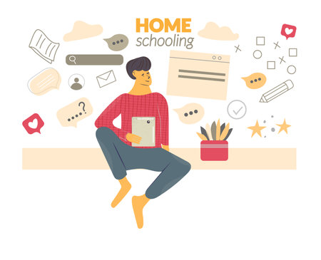 The concept of homeschooling. Online education, courses, e-learning, distance learning. Young man, student studying with tablet at home onlineのイラスト素材