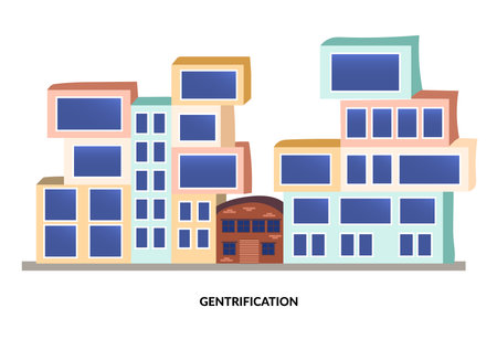 Neighborhood gentrification. Contrast between new modern buildings and old house. Before and after renovationのイラスト素材