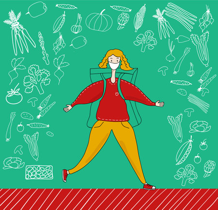 Safe food delivery. Young courier delivering grocery order to the home of customer with mask during the coronavirus pandemic. Flat vector illustrationのイラスト素材