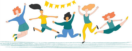 Group of young joyful laughing people jumping with raised hands isolated on white background. Happy positive young womenのイラスト素材
