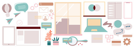 Home room and office interior items: cartoon plants, laptops, decorations and other elements. Business workplace setのイラスト素材