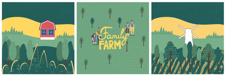Family farm illustration and lettering. Rural landscape, farmhouse, mill, family on the farm. Design elements with cute textureのイラスト素材