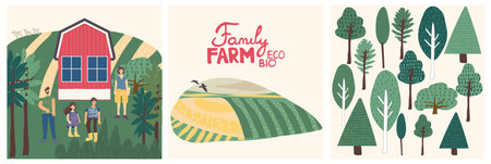 Set of family farm illustration and lettering. Rural landscape, farmhouse, trees, family on the farm. Design elements with cute textureのイラスト素材