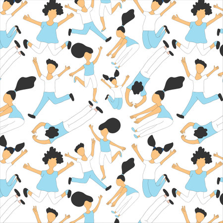 Seamless flat cartoon vector pattern with happy jumping people. Endless print of teenagers in school uniform.のイラスト素材