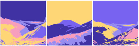 Set of backgrounds or card templates with abstract hills of modern colors. Bundle of bright colored backdrops. Vector illustration in modern styleのイラスト素材