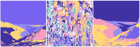 Set of natural landscape background or card templates with abstract hills, jungle. Abstract arts template. Mountain forest illustrationのイラスト素材