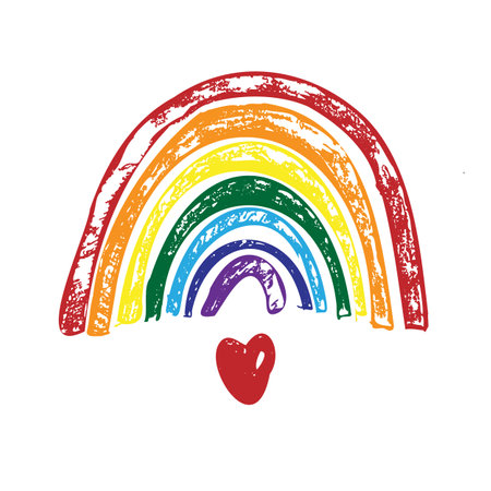Rainbow and heart. Hand drawing rainbow in cartoon style. Thank you symbol. Vector illustration isolated on white background.のイラスト素材