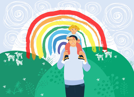 The Rainbow as signs of thank you, hope and solidarity. The son sits on his fatherâs shoulders against rainbow sky and nature. Colorful flat vector illustrationのイラスト素材