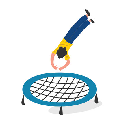Happy boy jumping on trampoline. Young man having fun jump and bouncing, spare time, training and activity. Cartoon flat vector illustrationのイラスト素材